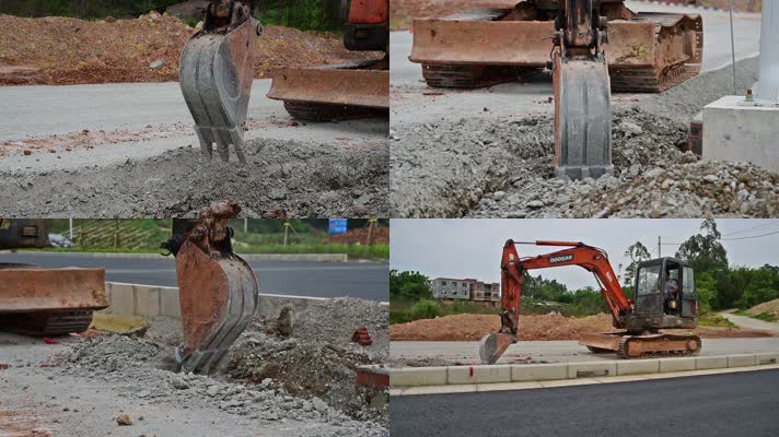 钩机挖土修路公路修建施工特写挖掘路基道路作业修整工地水泥渣土路面