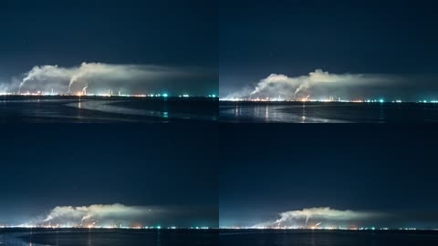 4K海边工厂夜间排放污染实拍
