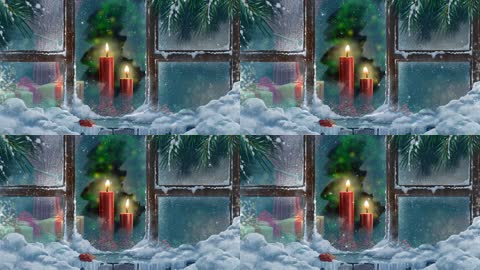 窗户下雪烛光圣诞背景