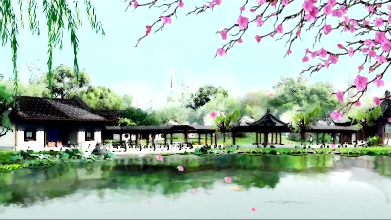 中国风格水墨庭院湖水