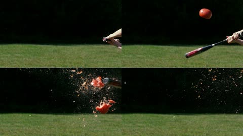 慢动作棒球棒番茄粉碎