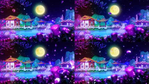 唯美月色园林池塘中秋圆月花瓣