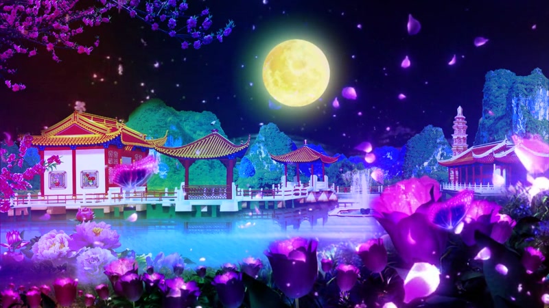 唯美月色园林池塘中秋圆月花瓣