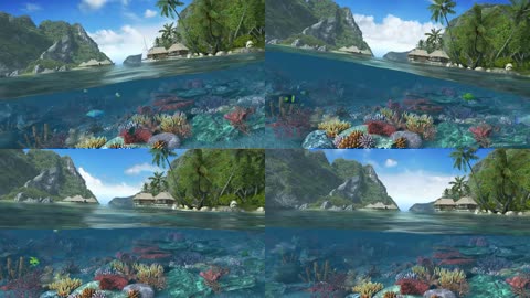 3D岛屿海底世界珊瑚海洋生物游艇度假