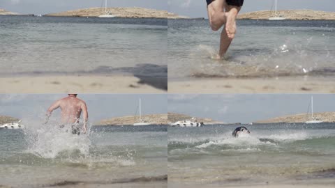 海岸奔跑跳入海中游泳实拍视频