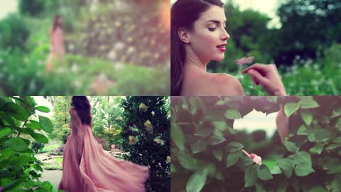 少女手捧蝴蝶放飞花海