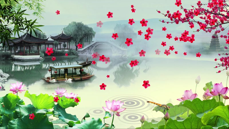 梅花小船园林凉亭背景