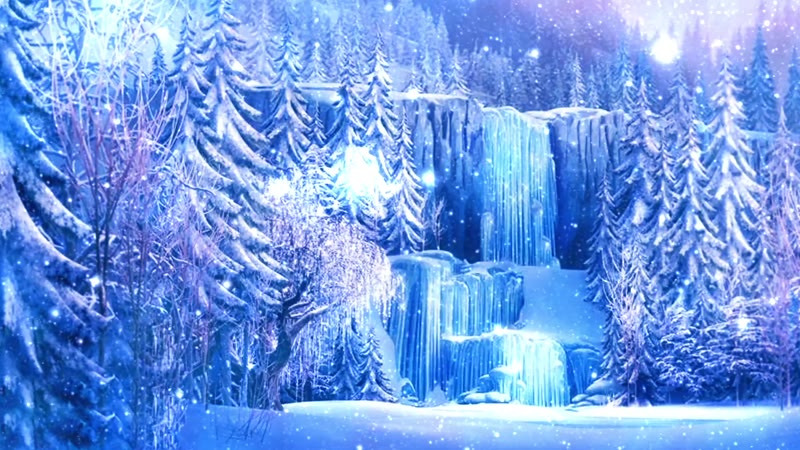 奇幻冰雪世界梦幻森林冰瀑布雪粒子飘浮唯美画面舞台LED背景视频素材