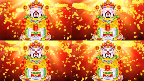 喜庆节日财神爷驾到元宝飘落光效背景渲染新年拜年祝贺LED背景视频素材
