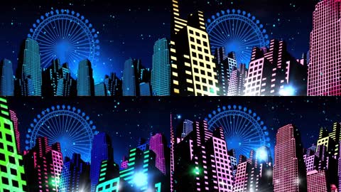 卡通炫光夜景城市建筑动感vj