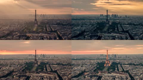 4K法国巴黎埃菲尔铁塔日落延迟拍摄