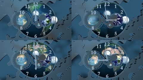 世界时钟指针快速转动齿轮转动变幻动感时间LED背景视频素材