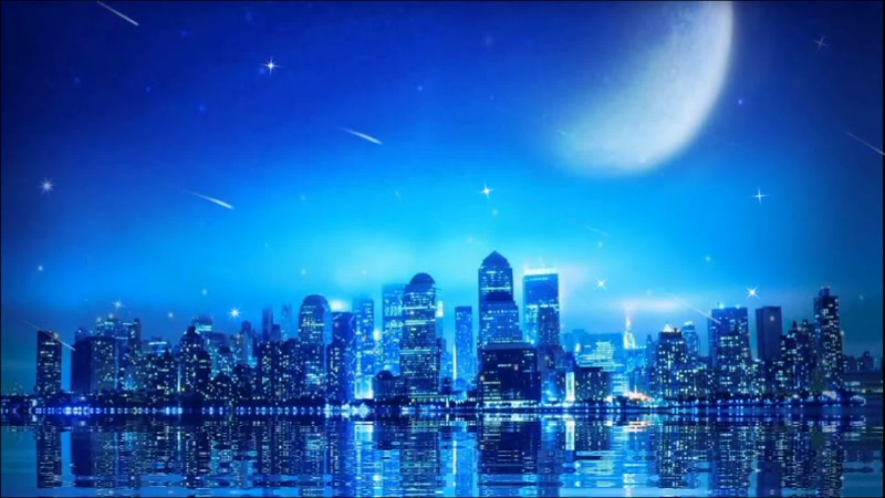 蓝色唯美月光流星雨城市夜景
