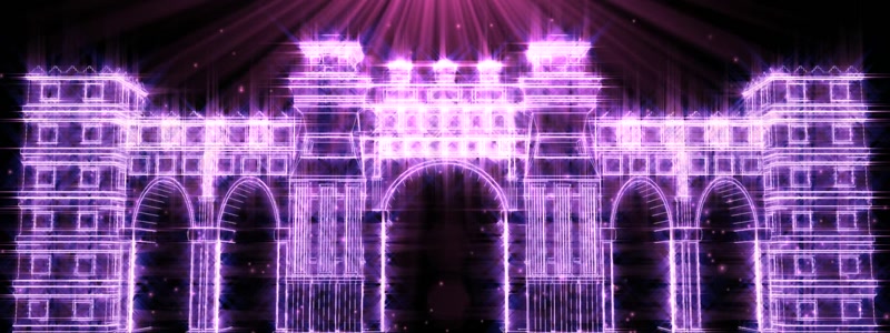 梦幻唯美紫色光线淡出城堡建筑场景粒子飘浮屏幕LED背景视频素材