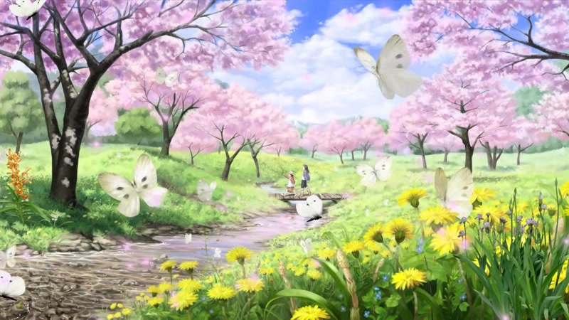 三维梦幻童话樱花蝴蝶浪漫背景