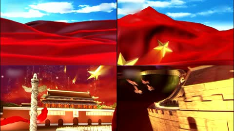 中国梦五星红旗飘扬长城天安门鸟巢火箭升空红绸缎飞LED视频素材