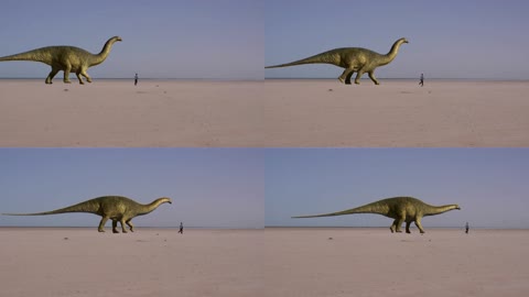 虚实结合荒野沙滩恐龙和人行走尺寸比例原始时代场景动画视频素材