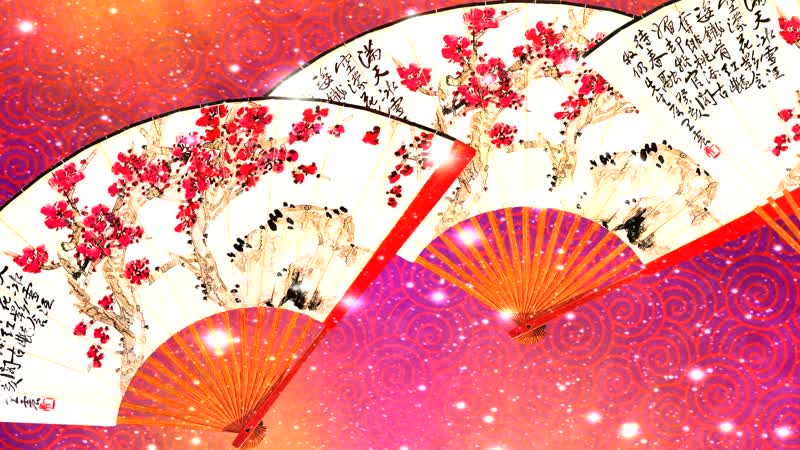唯美绚丽桃花折扇光效粒子飞舞