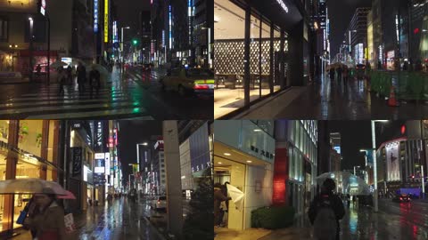 日本雨季东京银座夜景漫步