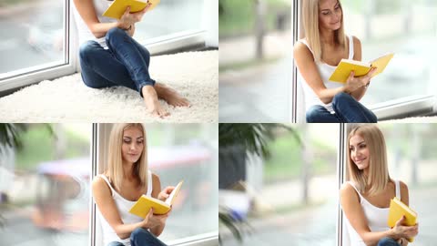 女孩在飘窗上看书