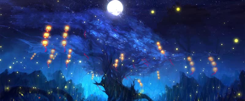 夜空月下大树萤火虫思念抒情