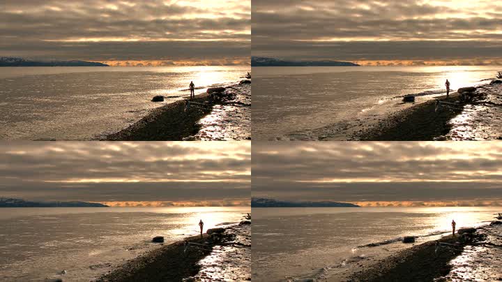 实拍海边一个人散步空镜头