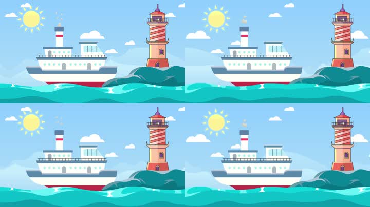 卡通大海轮船灯塔