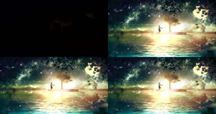 月光下梦幻湖面小岛少女led背景视频