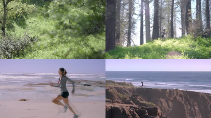 美女跑步 森林 海边青春活力 户外运动 健身 耳机