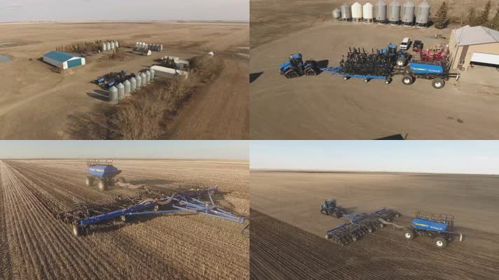 4K航拍农场大型机械耕地播种