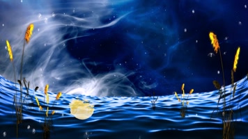  梦幻意境月亮海面芦苇粒子星空