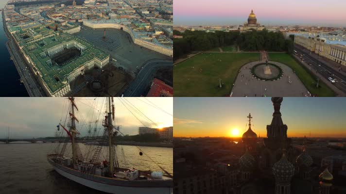 4K鸟瞰俄罗斯圣彼得堡城市日出