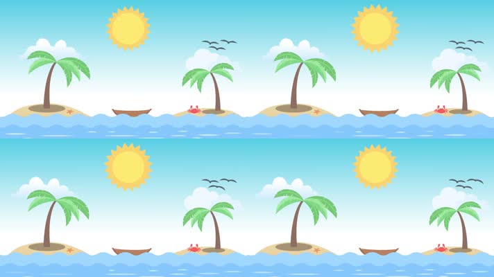 卡通大海小岛云朵海鸥太阳