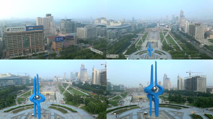 济南泉城广场蓝色标志性建筑物航拍实拍