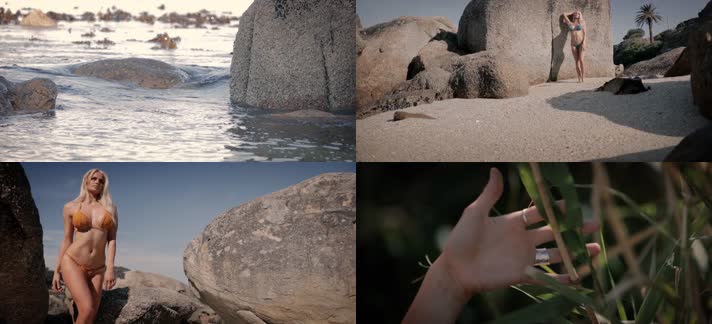 夏日沙滩岩石芦苇比基尼美女模特性感写真