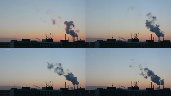 夕阳下工厂排烟污染环境大气