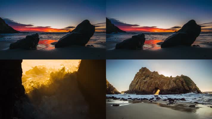 夕阳海浪冲击岩石