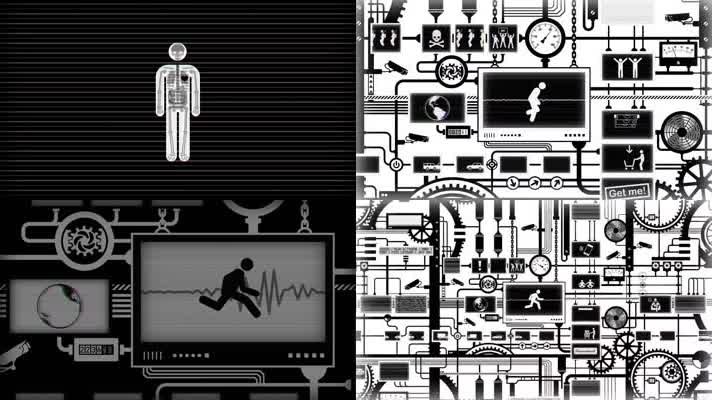 抽象图形城市卡通人穿梭创意