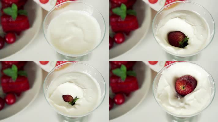 草莓落入酸奶中慢动作延时拍摄