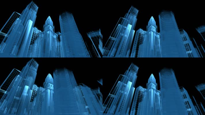 3D空间旋转虚拟城市大厦建设仰视金融商圈场景建筑LED背景视频素材