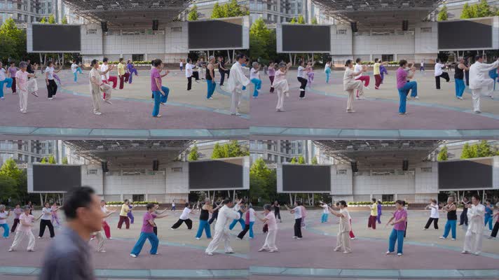 清晨广场上老人集体耍太极锻炼身体休闲运动高清视频实拍