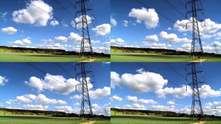 蓝天白云电线塔 草地唯美风景电塔实拍 高清实拍视频素材