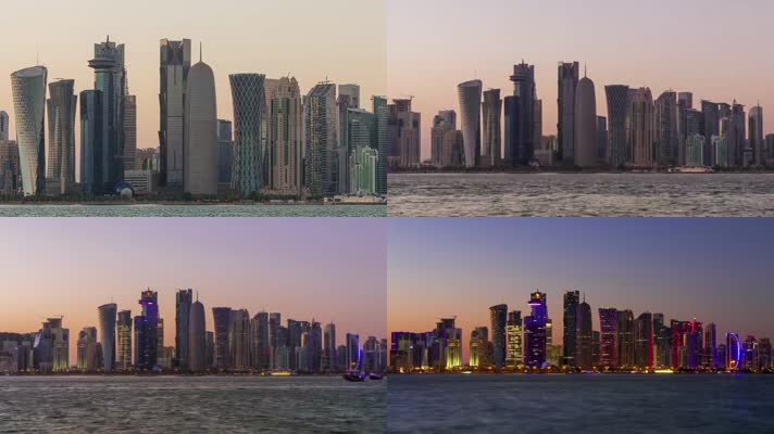 迪拜多哈摩天大楼日落夜景