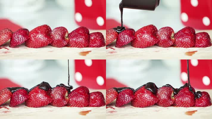 好吃的美味实拍视频巧克力淋在草莓上