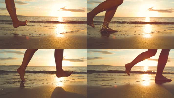 女孩慢跑 赤脚沙滩跑 休闲  