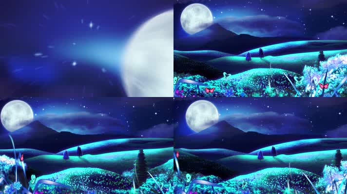 唯美浪漫夜空山峰鲜花草原雪山蓝色星空风景