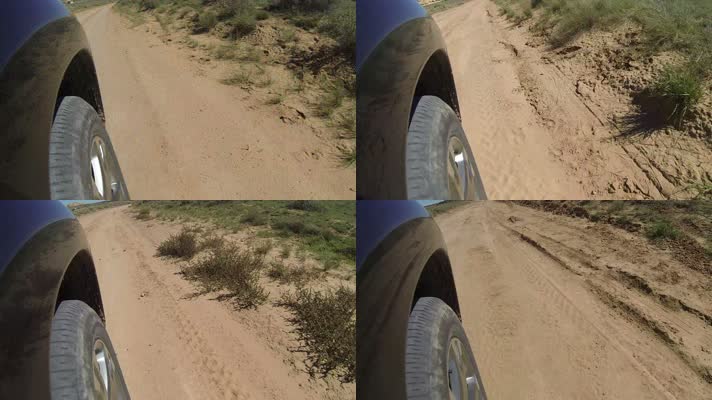 汽车在沙漠跑 轮胎特写  