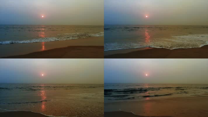 实拍黄昏时候海边落日沙滩