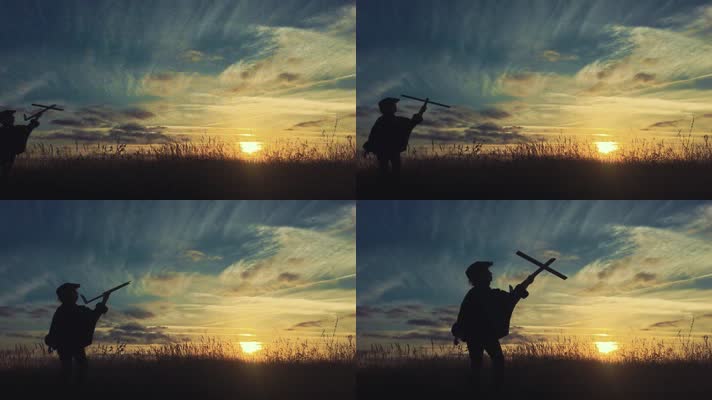 男孩手拿木制飞机 放飞玩具飞机