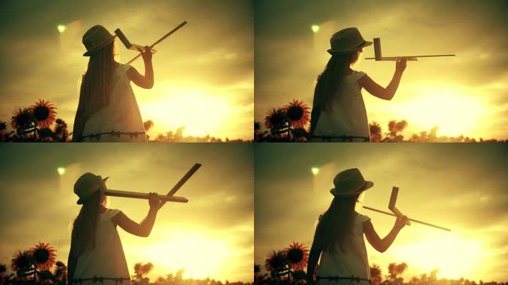 手拿木制飞机 放飞玩具飞机